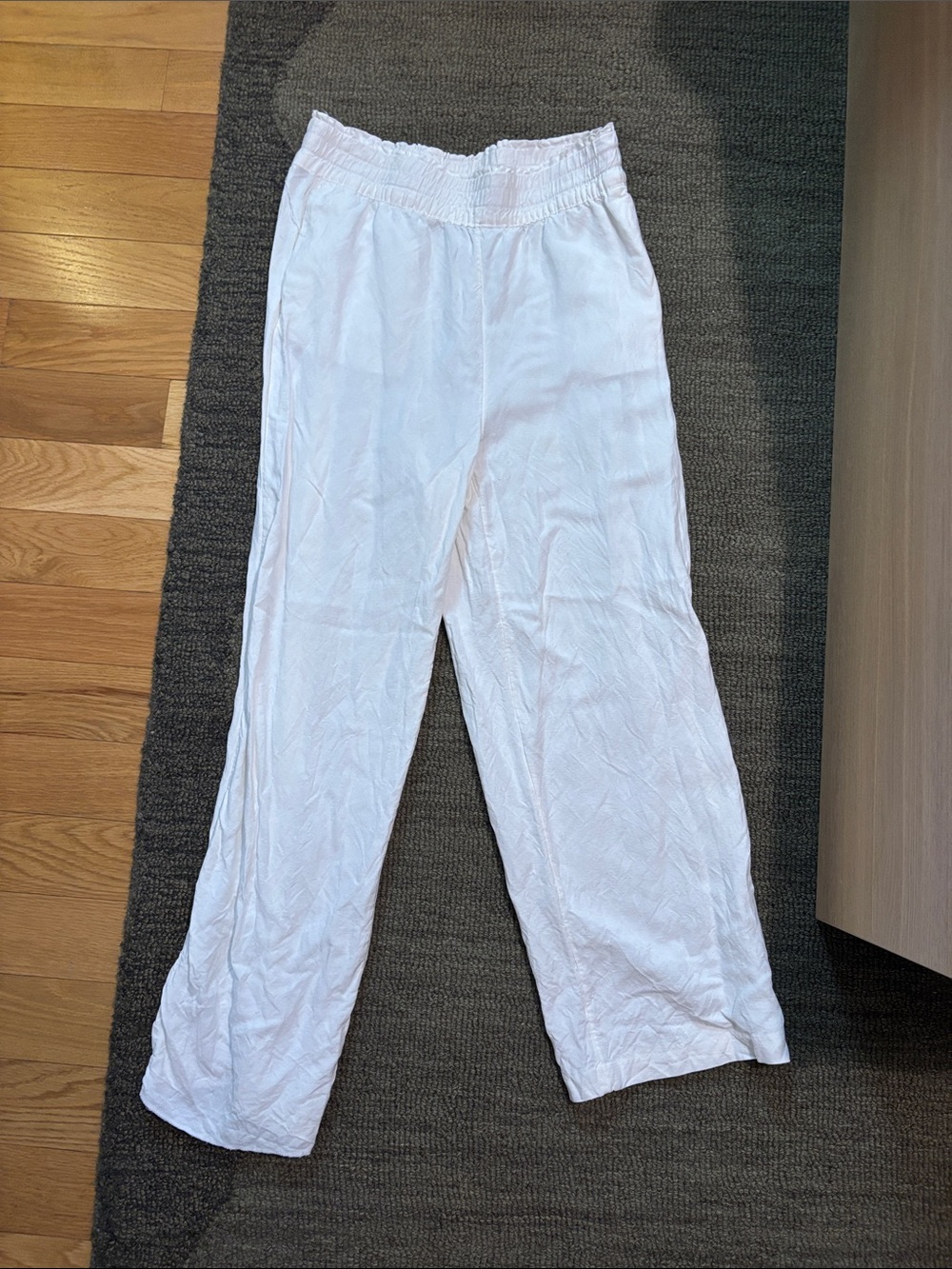 White Elastic Waist Linen-Blend Pants